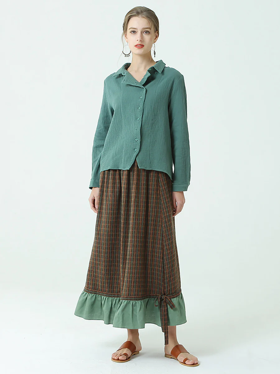 Plus Size Spring Elastic Waist Plaid Loose Vintage Long Skirt M-2XL - Image 6