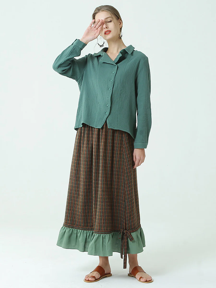 Plus Size Spring Elastic Waist Plaid Loose Vintage Long Skirt M-2XL - Image 7