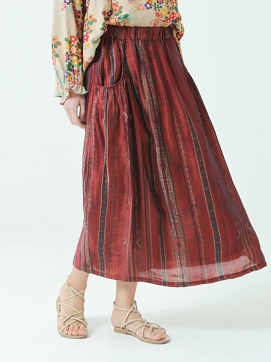 Plus Size Stripe Tencel Spring Summer Elastic Waist Loose Skirt - Image 3