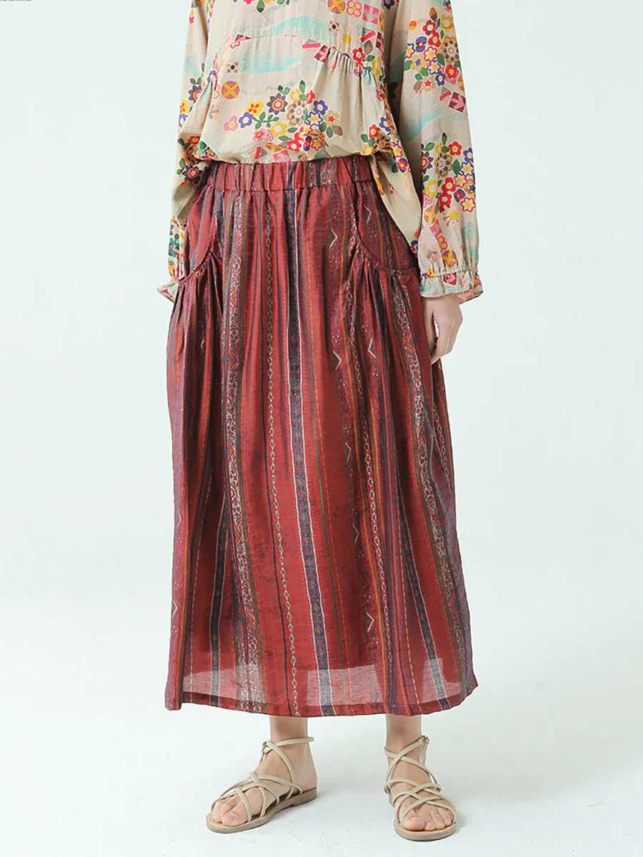 Plus Size Stripe Tencel Spring Summer Elastic Waist Loose Skirt - Image 4