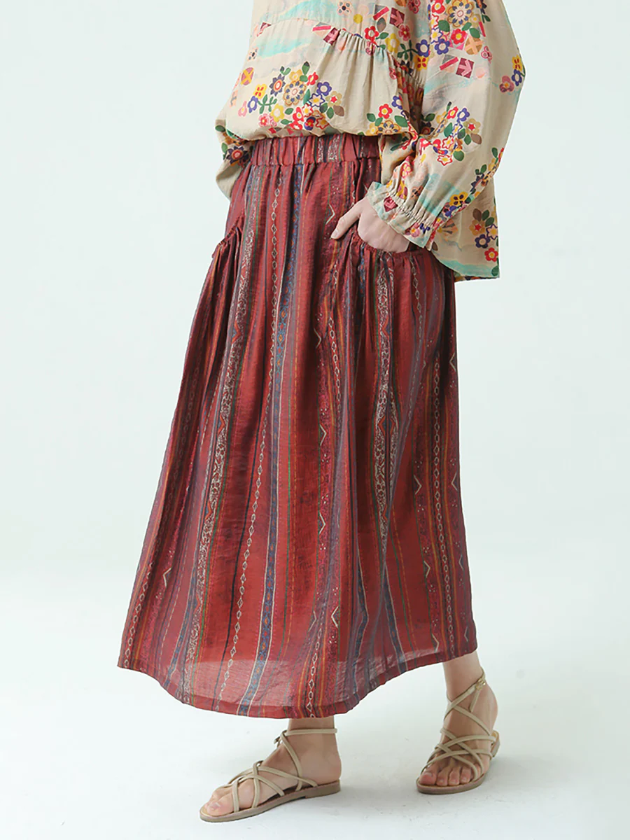 Plus Size Stripe Tencel Spring Summer Elastic Waist Loose Skirt - Image 5