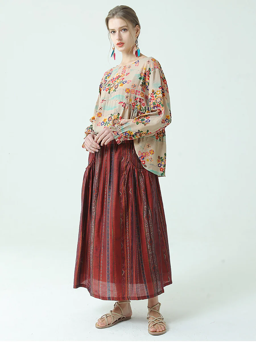 Plus Size Stripe Tencel Spring Summer Elastic Waist Loose Skirt - Image 6
