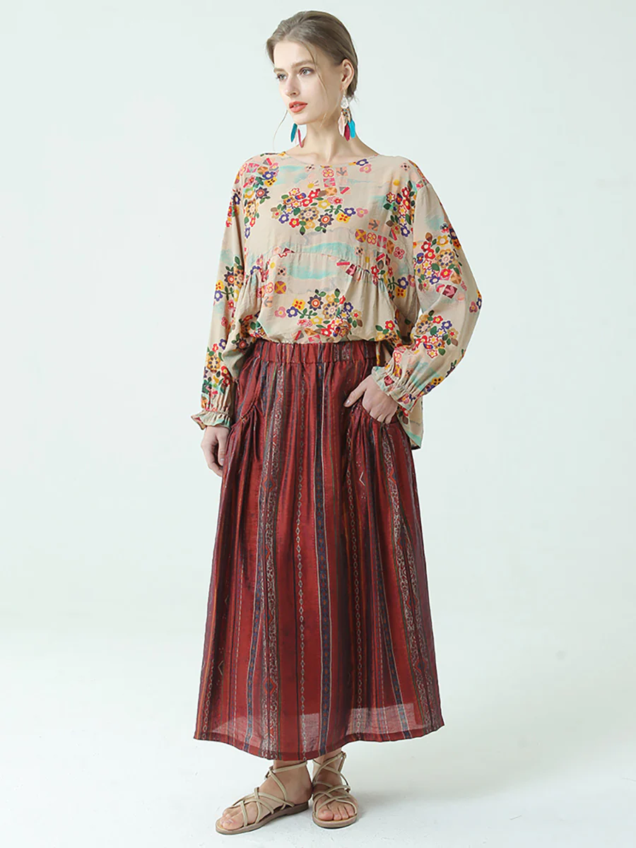 Plus Size Stripe Tencel Spring Summer Elastic Waist Loose Skirt - Image 7