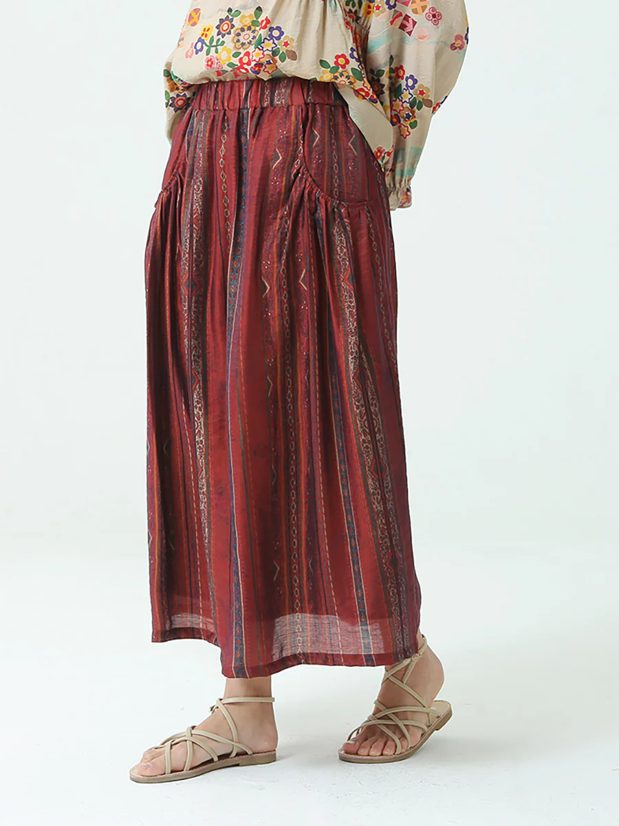 Plus Size Stripe Tencel Spring Summer Elastic Waist Loose Skirt - Image 8