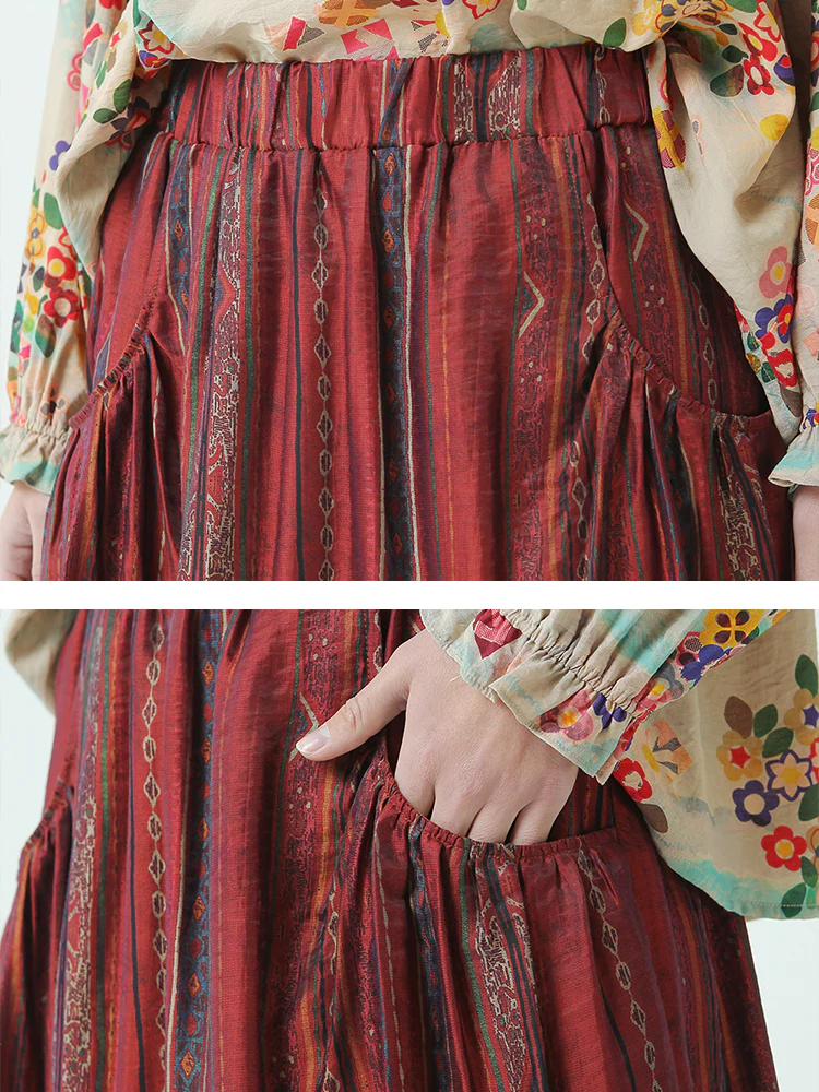 Plus Size Stripe Tencel Spring Summer Elastic Waist Loose Skirt - Image 9