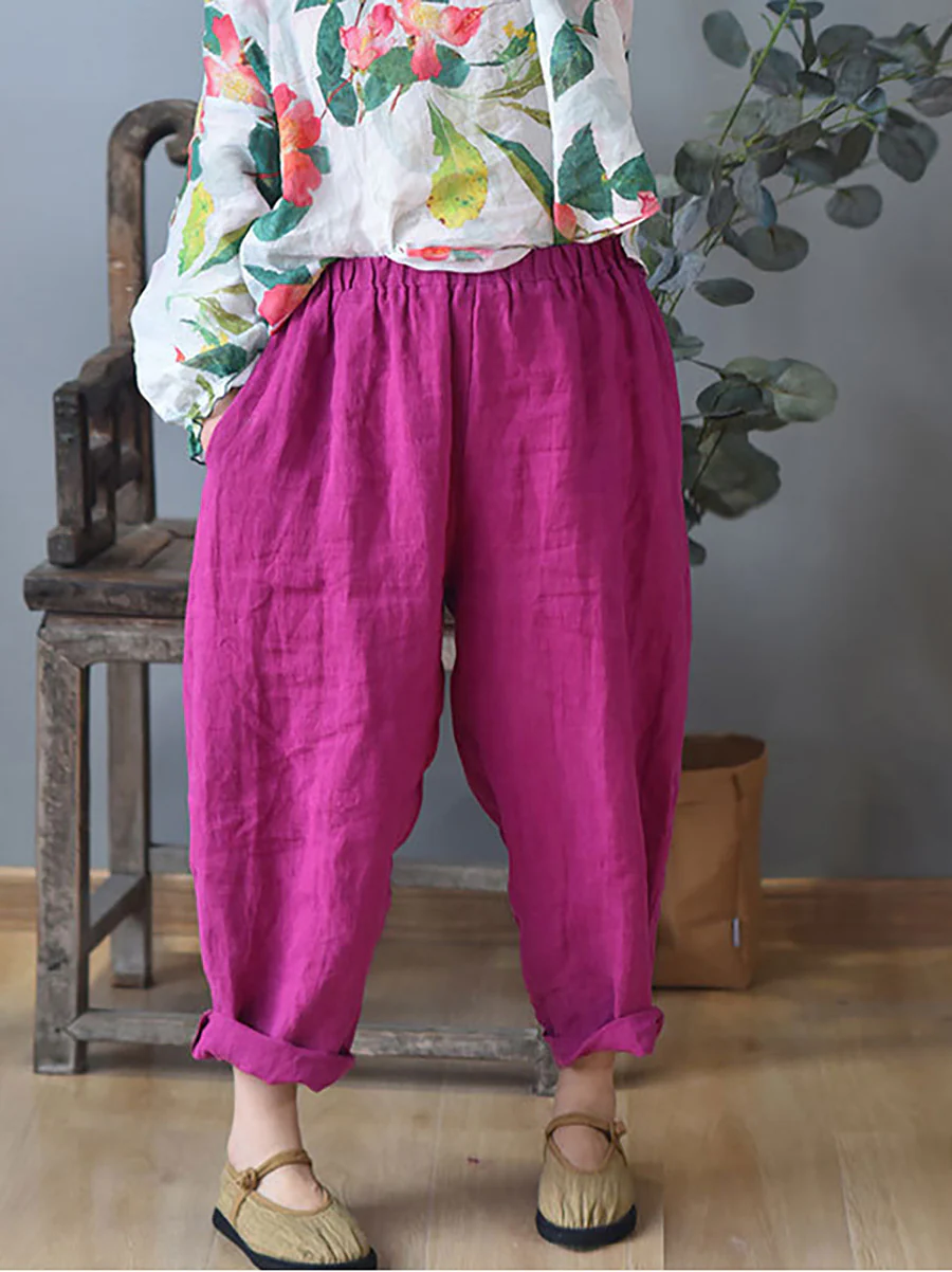 Plus Size Summer Solid 100% Linen Harem Pants - Image 4