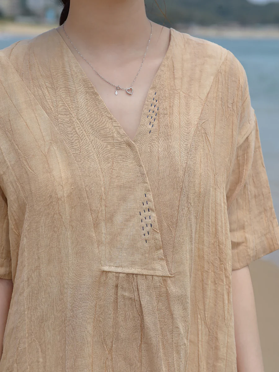 Plus Size V Neck Vintage Linen Women Loose Dress - Image 10