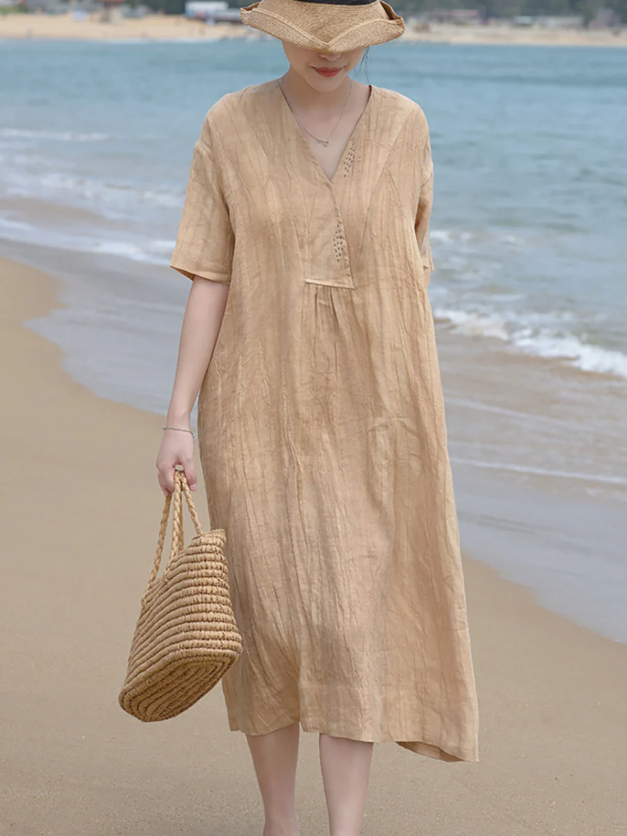 Plus Size V Neck Vintage Linen Women Loose Dress - Image 3