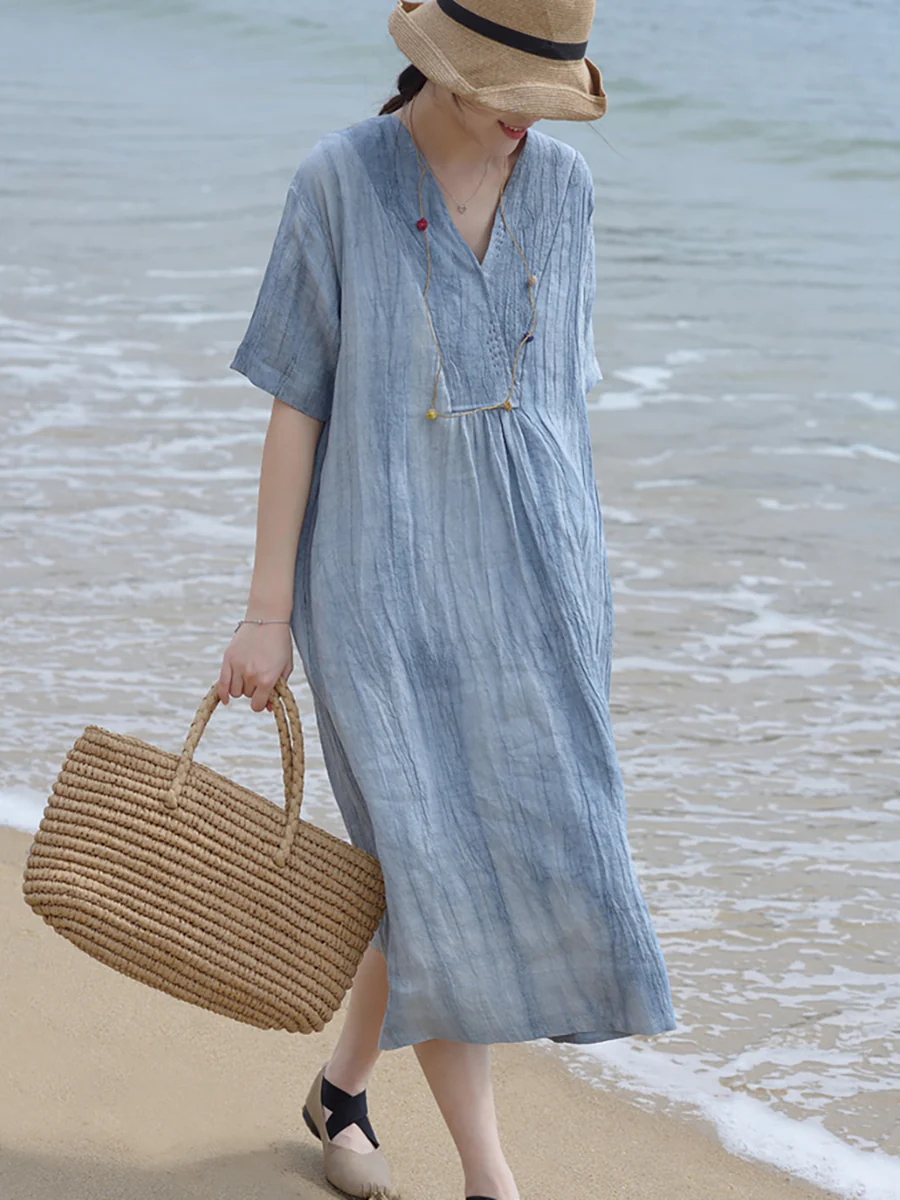 Plus Size V Neck Vintage Linen Women Loose Dress - Image 4