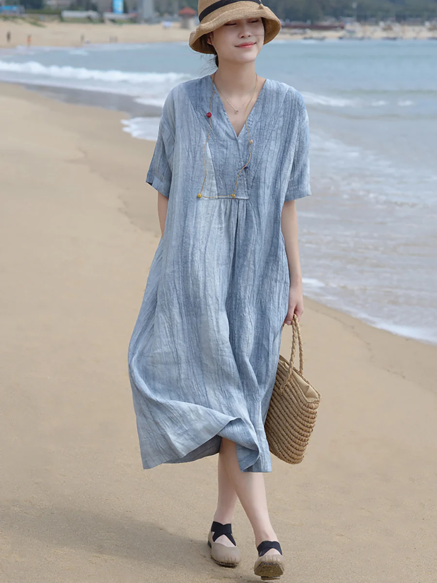 Plus Size V Neck Vintage Linen Women Loose Dress - Image 5