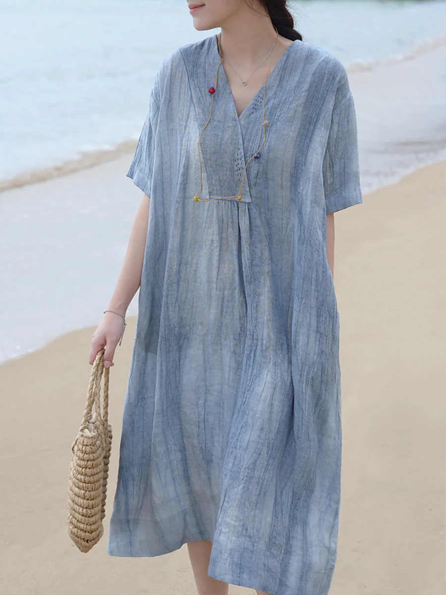 Plus Size V Neck Vintage Linen Women Loose Dress - Image 6