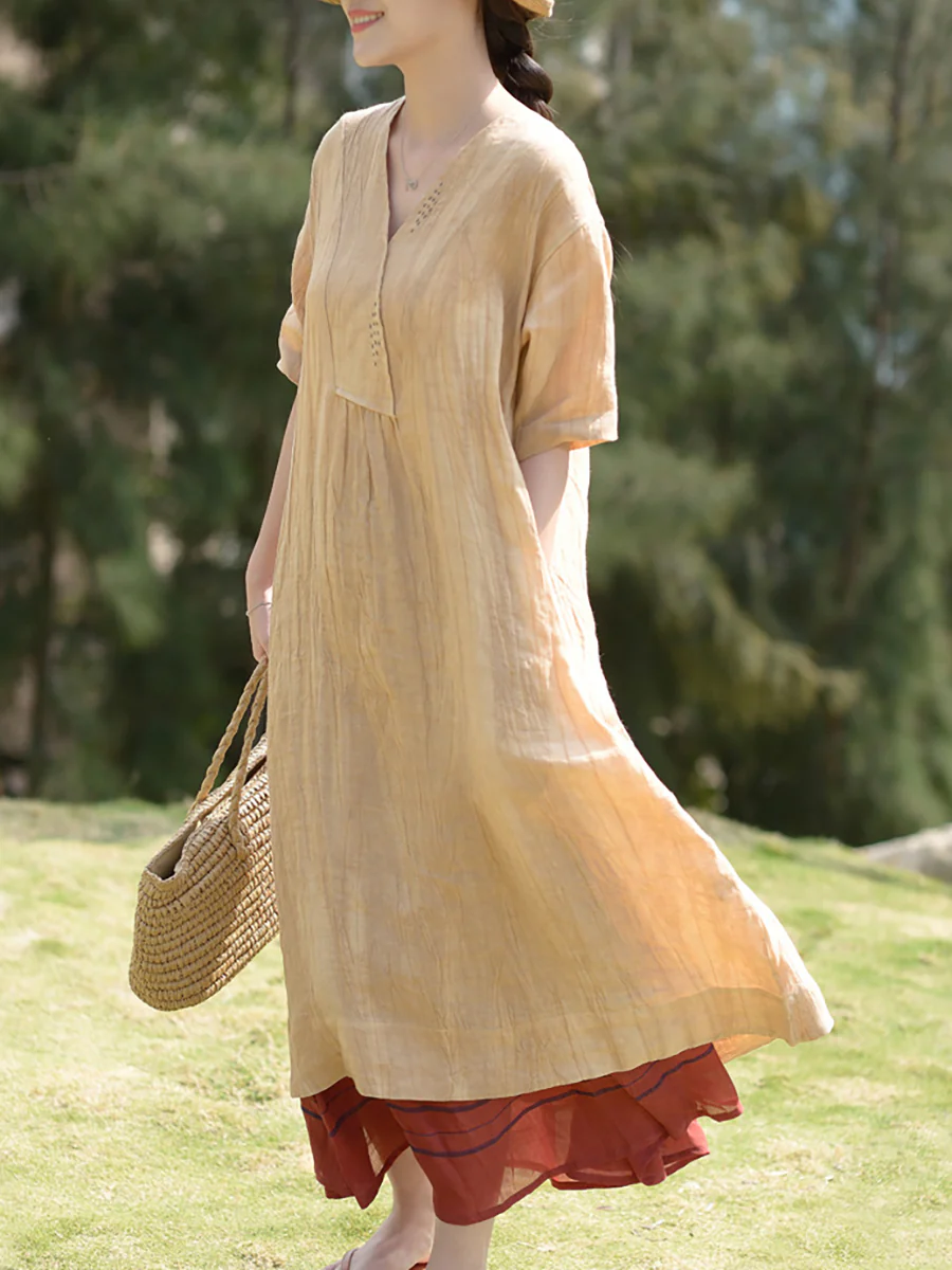 Plus Size V Neck Vintage Linen Women Loose Dress - Image 7