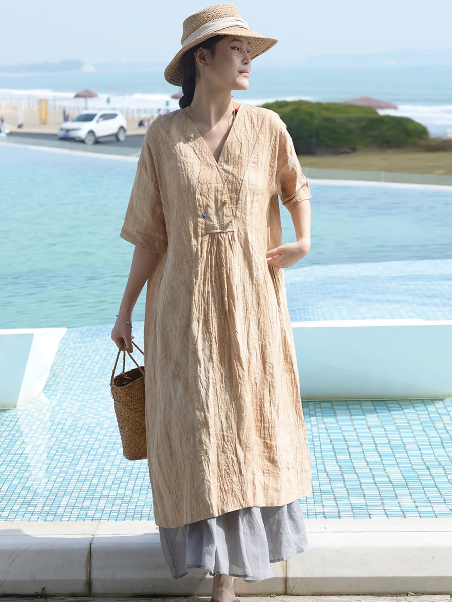 Plus Size V Neck Vintage Linen Women Loose Dress - Image 8