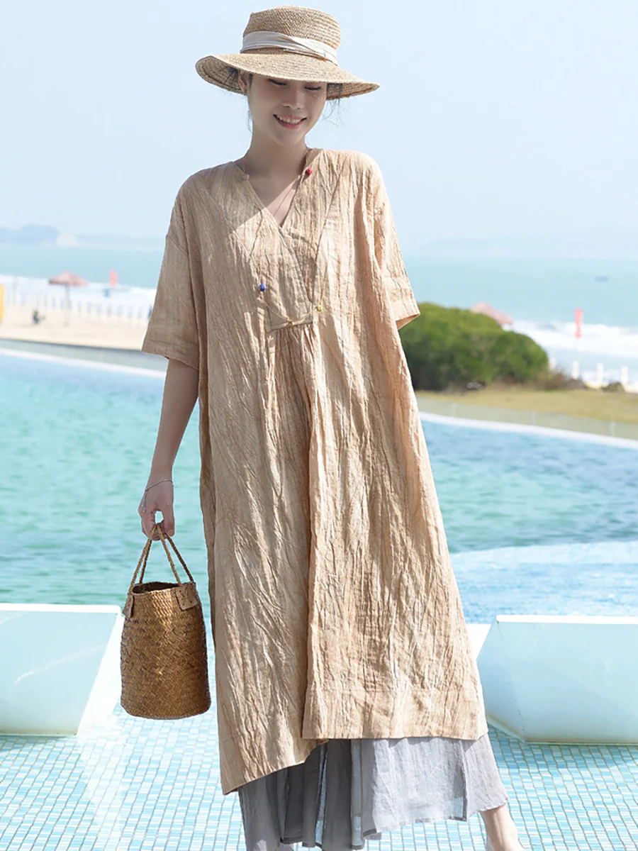Plus Size V Neck Vintage Linen Women Loose Dress - Image 9