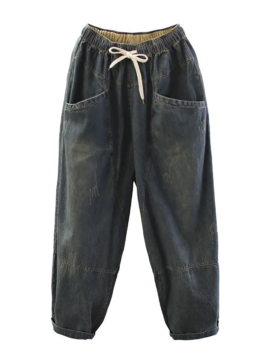 Plus Size Vintage Loose Elastic Waist Spliced Distressed Denim Jeans - Image 4