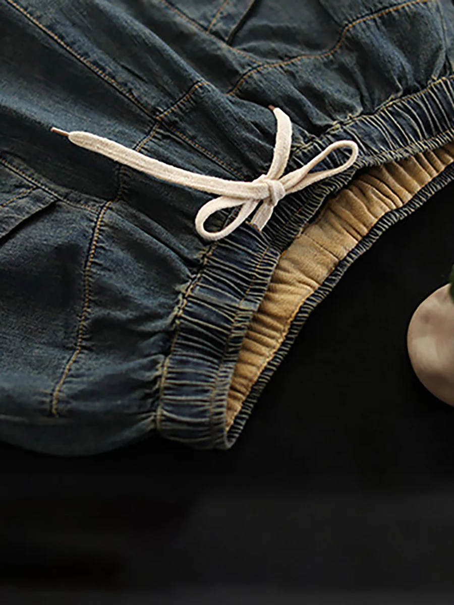 Plus Size Vintage Loose Elastic Waist Spliced Distressed Denim Jeans - Image 5