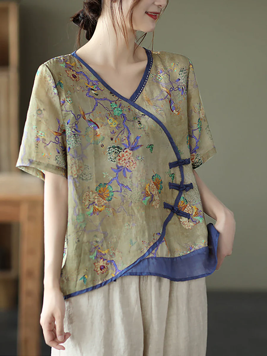 Plus Size - Vintage Stitching V Neck Short Sleeve Ramie T-shirt - Image 3
