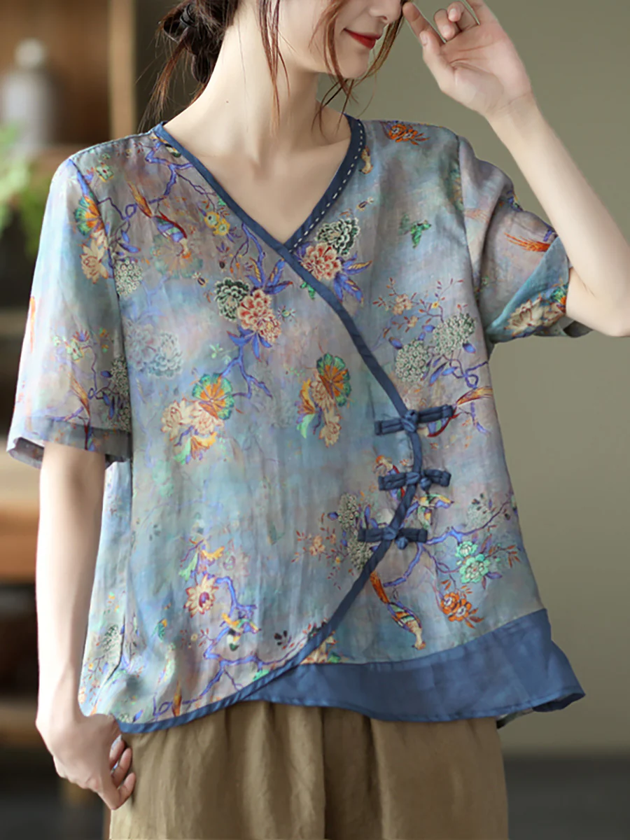 Plus Size - Vintage Stitching V Neck Short Sleeve Ramie T-shirt - Image 4