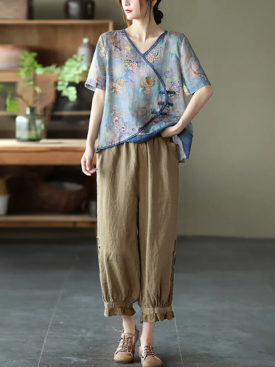Plus Size - Vintage Stitching V Neck Short Sleeve Ramie T-shirt - Image 5