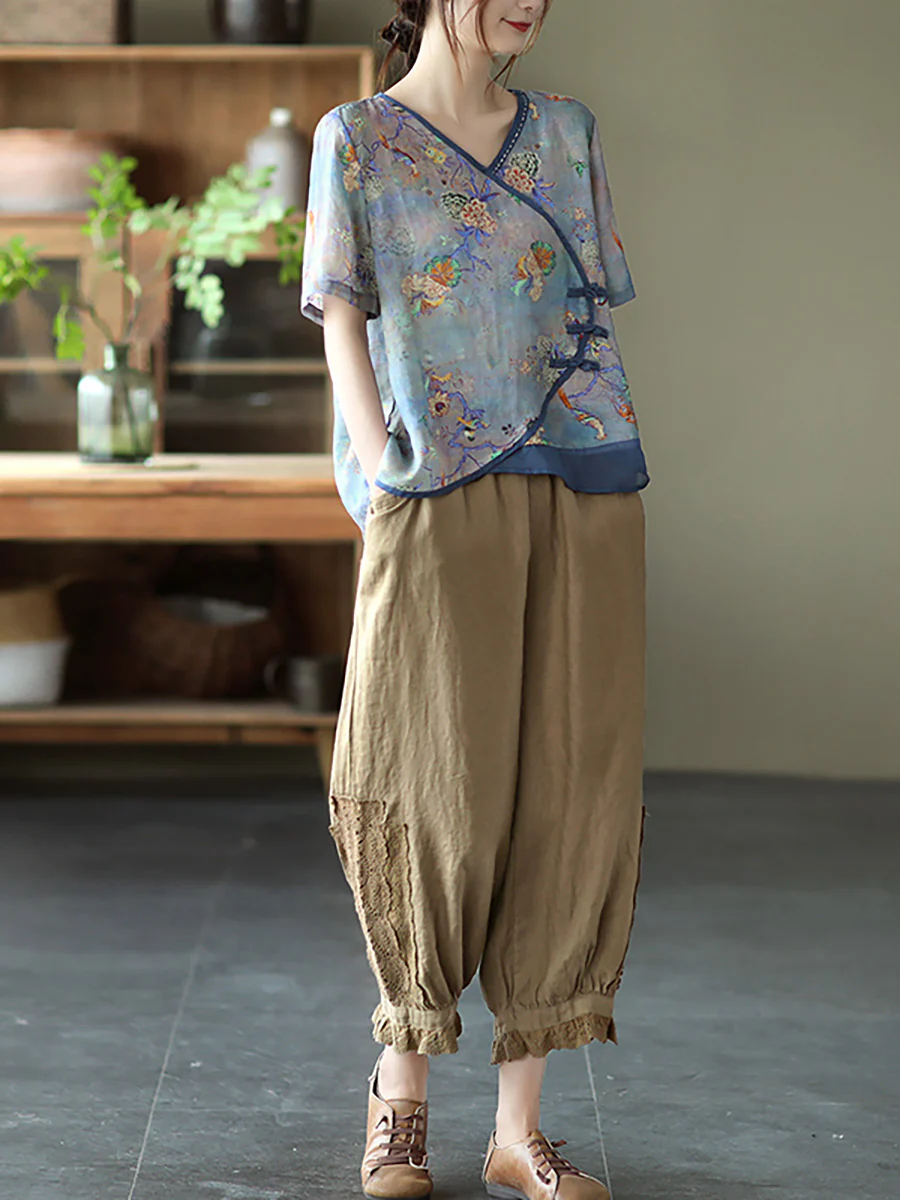 Plus Size - Vintage Stitching V Neck Short Sleeve Ramie T-shirt - Image 6