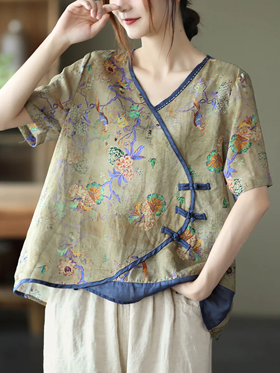 Plus Size - Vintage Stitching V Neck Short Sleeve Ramie T-shirt - Image 7