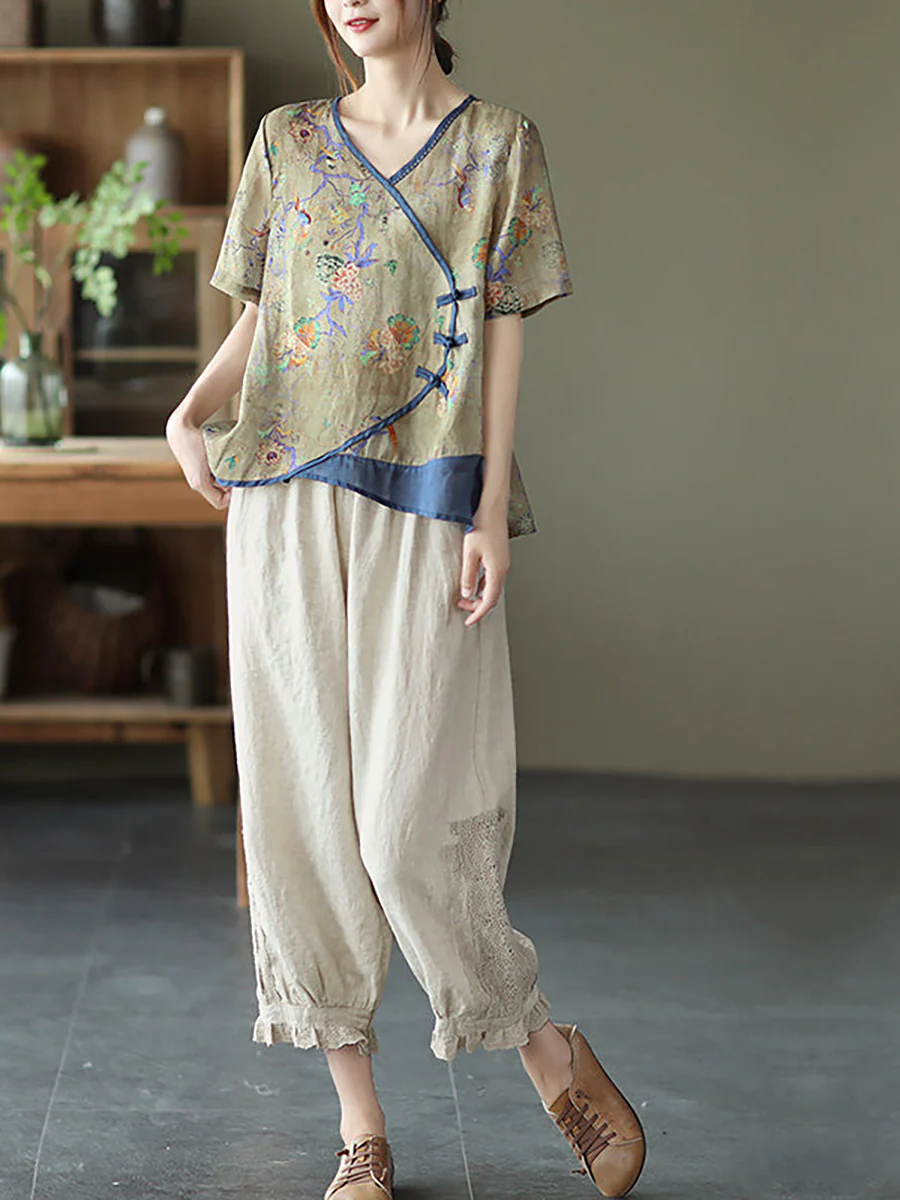 Plus Size - Vintage Stitching V Neck Short Sleeve Ramie T-shirt - Image 8