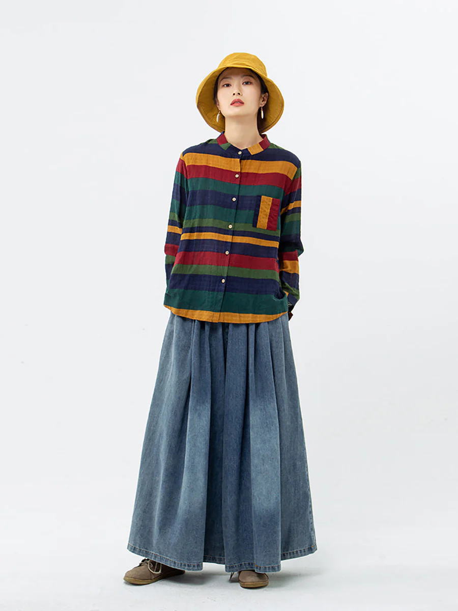 Plus Size Vintage Striped Long Sleeve 100%Cotton Shirt - Image 10