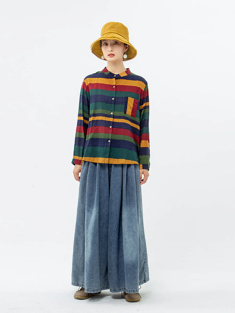 Plus Size Vintage Striped Long Sleeve 100%Cotton Shirt - Image 11