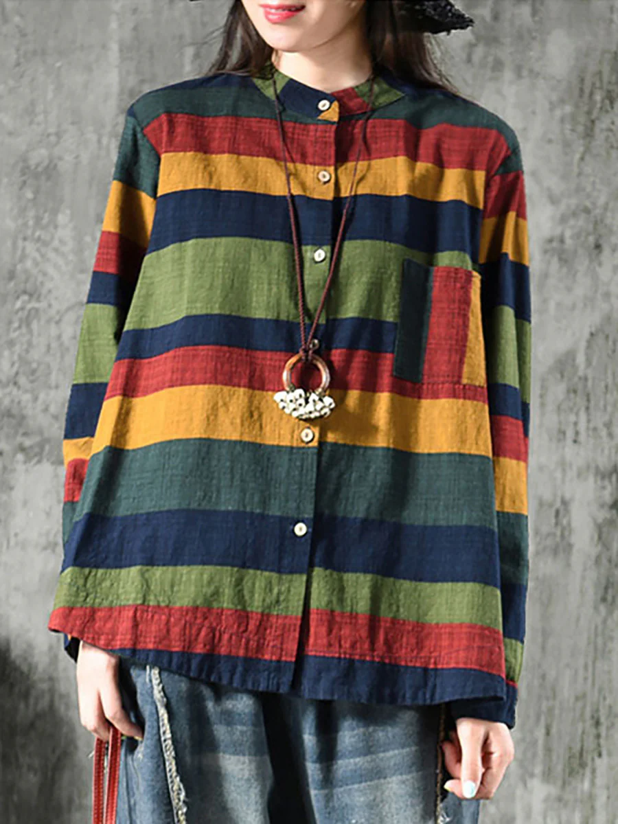 Plus Size Vintage Striped Long Sleeve 100%Cotton Shirt - Image 3
