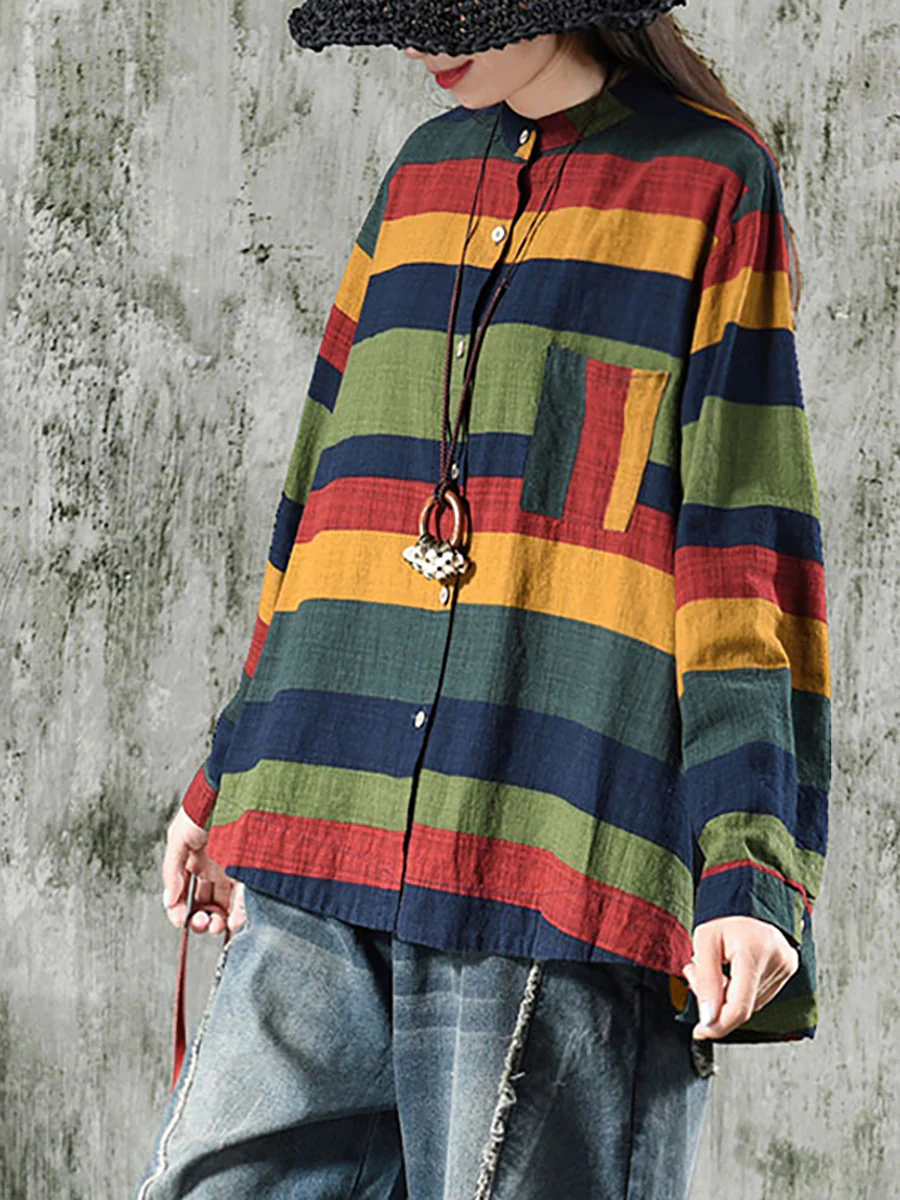 Plus Size Vintage Striped Long Sleeve 100%Cotton Shirt - Image 4