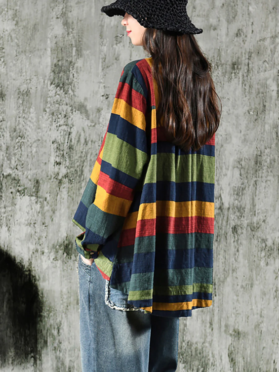 Plus Size Vintage Striped Long Sleeve 100%Cotton Shirt - Image 5