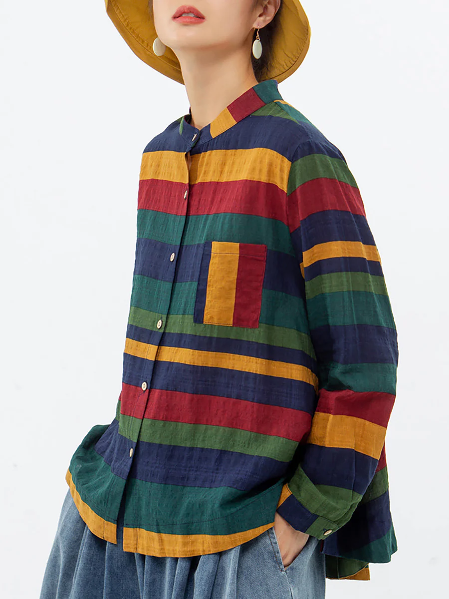 Plus Size Vintage Striped Long Sleeve 100%Cotton Shirt - Image 6
