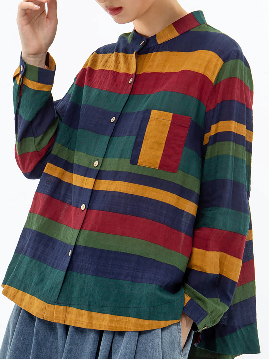 Plus Size Vintage Striped Long Sleeve 100%Cotton Shirt - Image 7