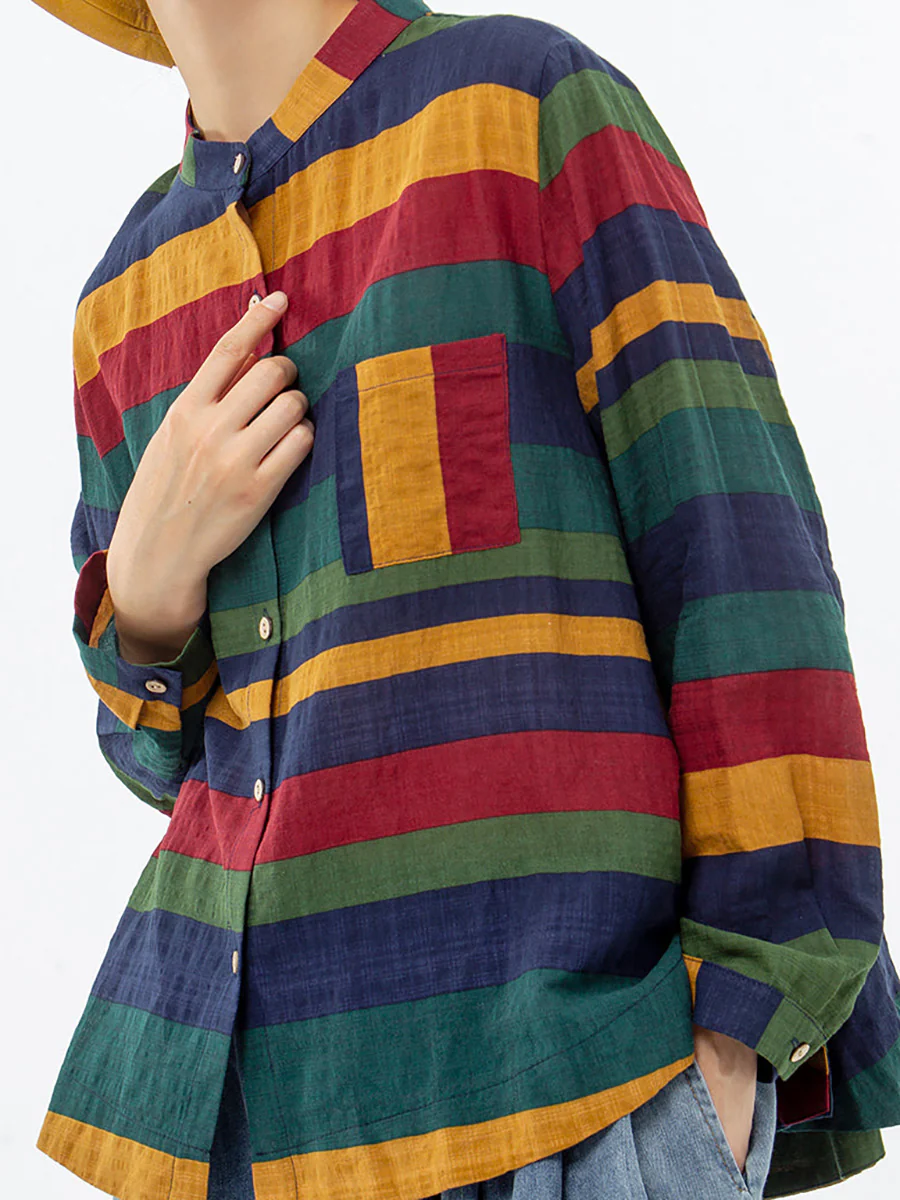 Plus Size Vintage Striped Long Sleeve 100%Cotton Shirt - Image 8