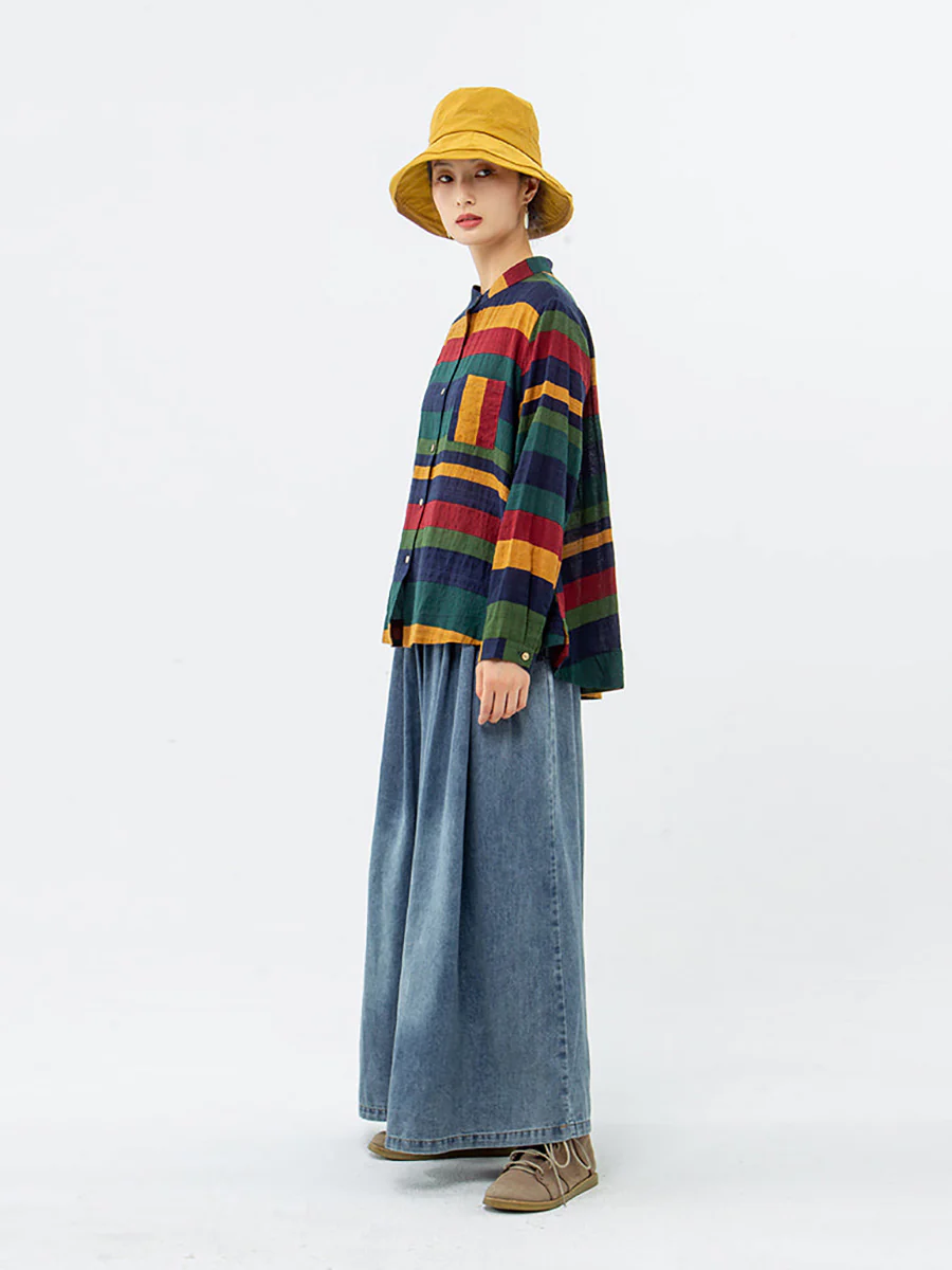 Plus Size Vintage Striped Long Sleeve 100%Cotton Shirt - Image 9