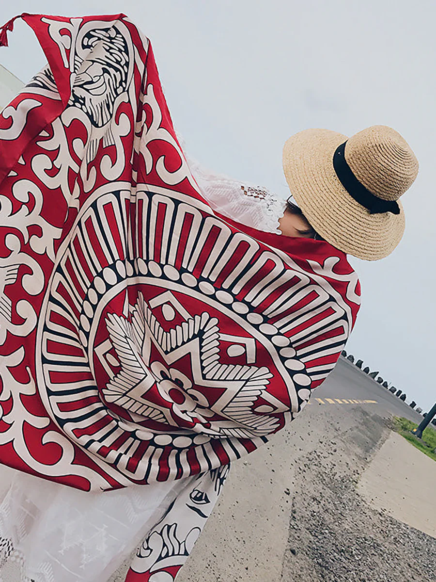 Vintage Sunscreen Tasseled Printed Traveling Floral Shawl Scarf - Image 4