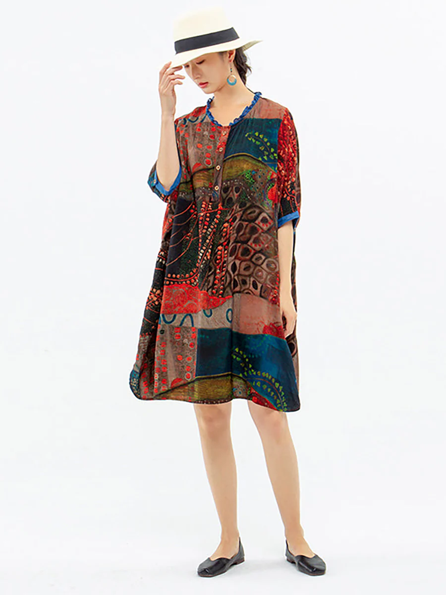 Plus Size - Vintage Women Mid-Length Floral Shirt Dress - Image 4