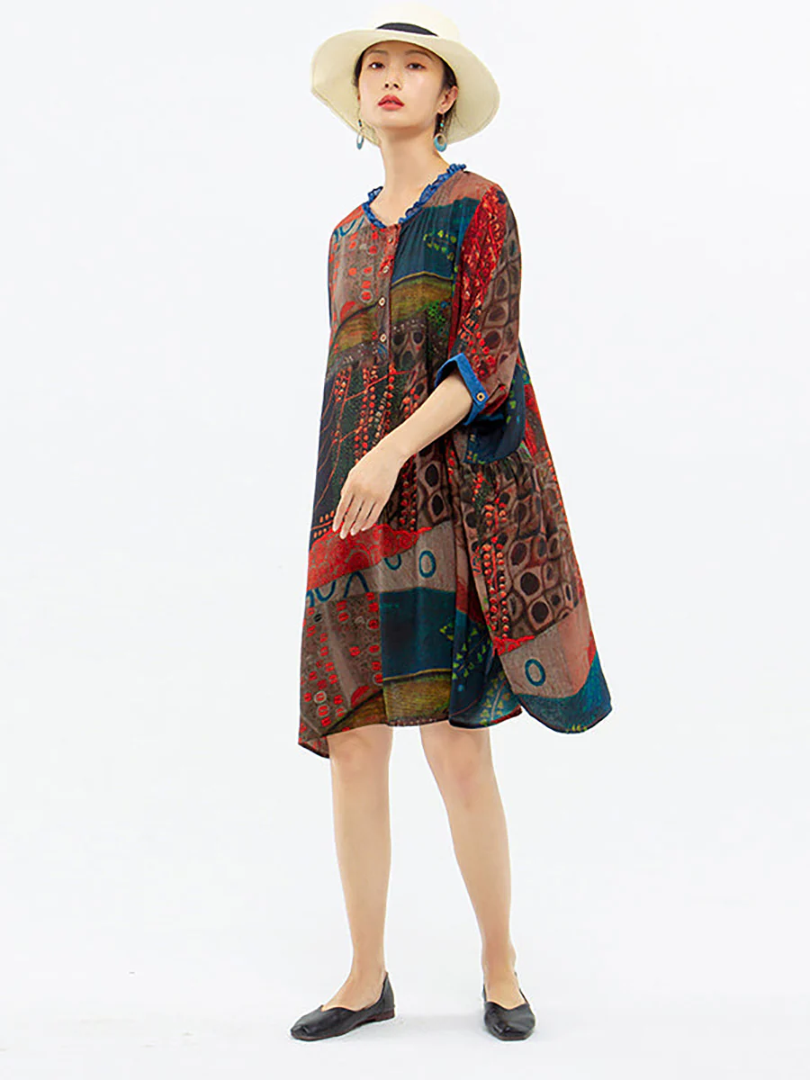 Plus Size - Vintage Women Mid-Length Floral Shirt Dress - Image 5
