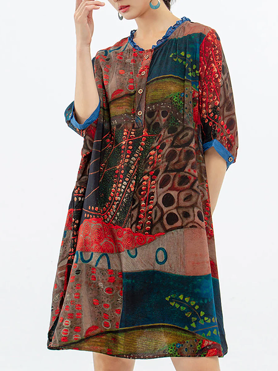 Plus Size - Vintage Women Mid-Length Floral Shirt Dress - Image 8