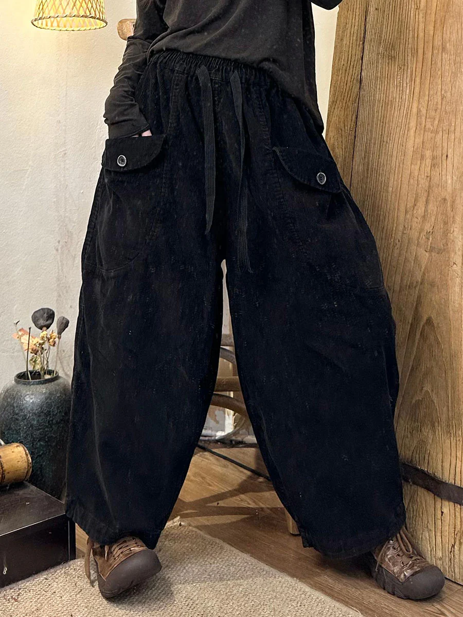 Plus Size Women Autumn Retro Corduroy Pocket Harem Pants - Image 3
