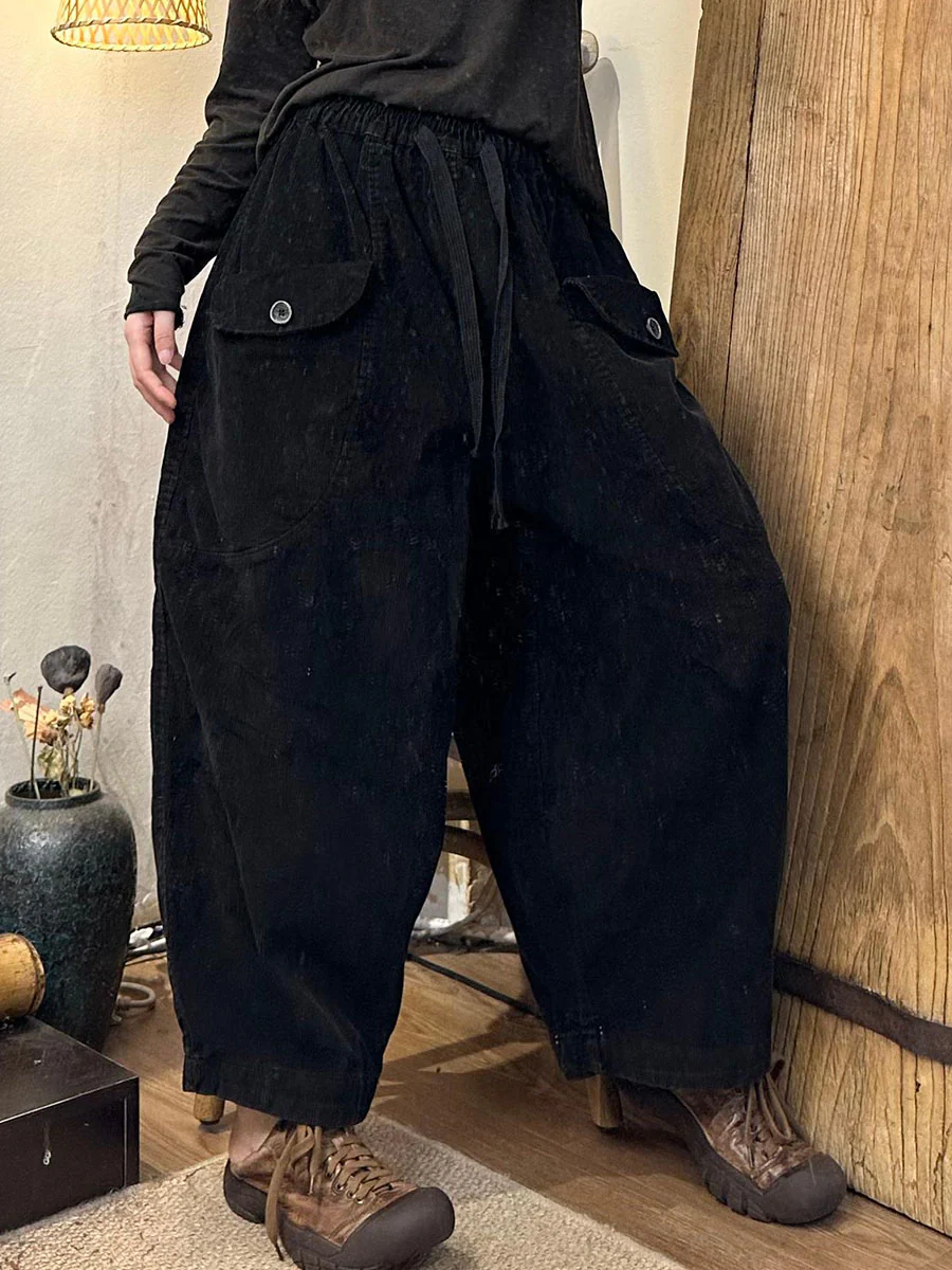 Plus Size Women Autumn Retro Corduroy Pocket Harem Pants - Image 4
