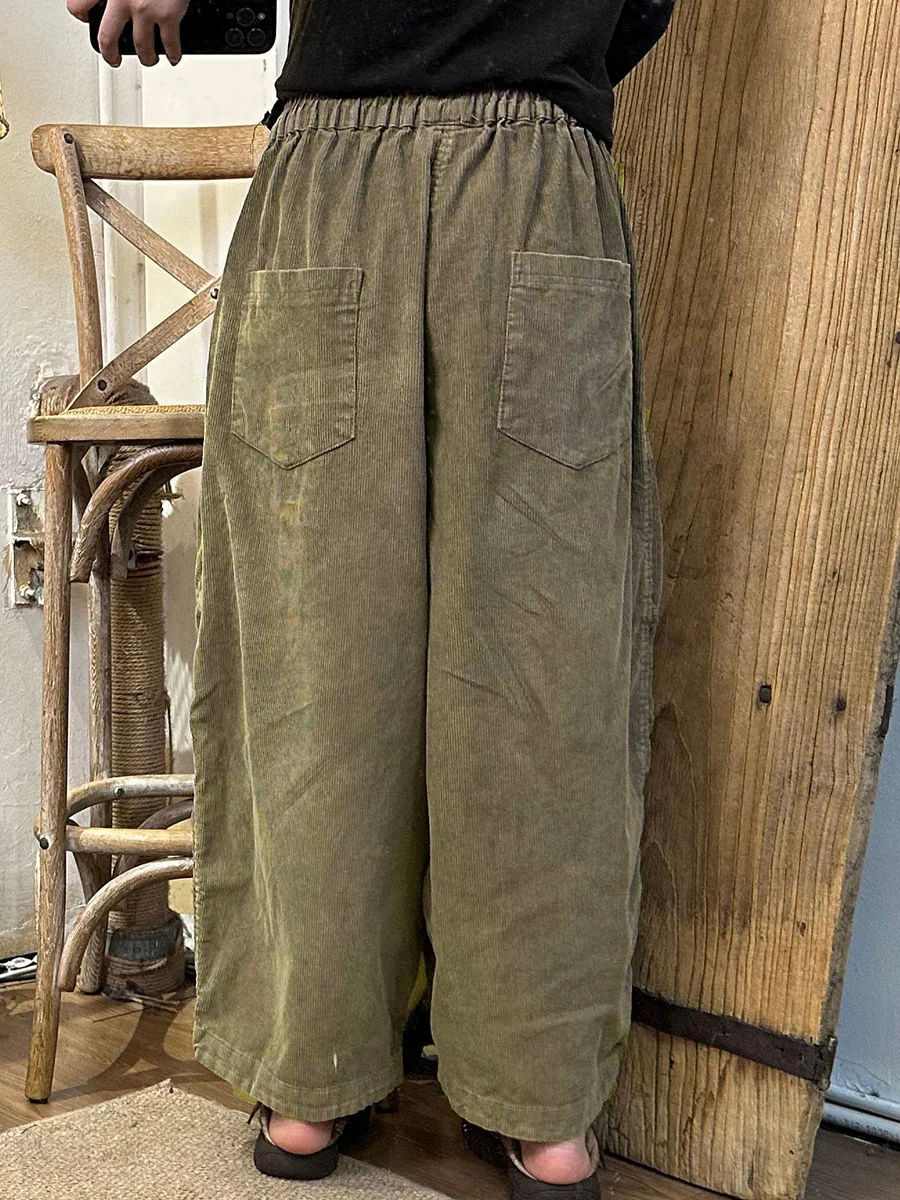 Plus Size Women Autumn Retro Corduroy Pocket Harem Pants - Image 5