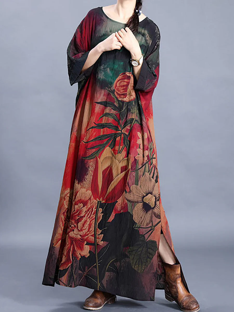 Plus Size Women Causal Retro Floral Maxi Dress - Image 3