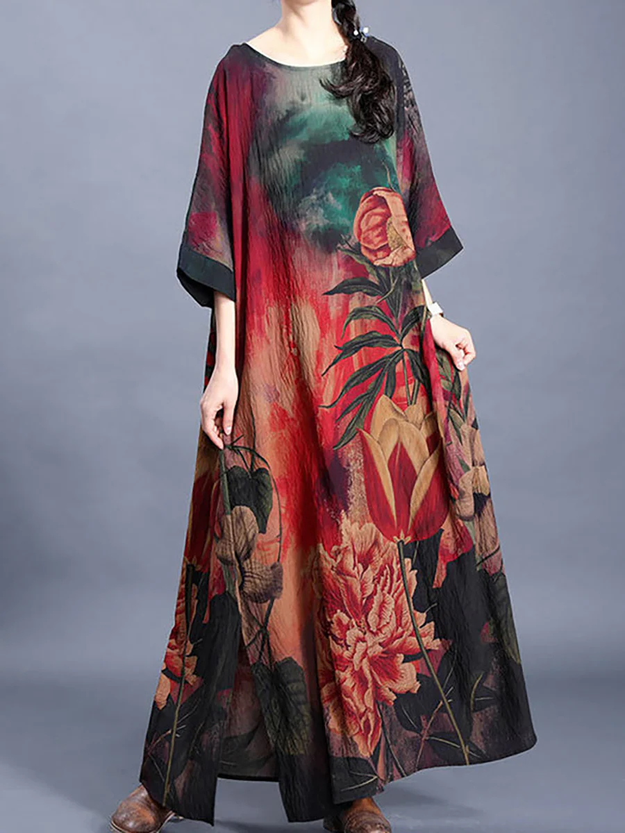 Plus Size Women Causal Retro Floral Maxi Dress - Image 4