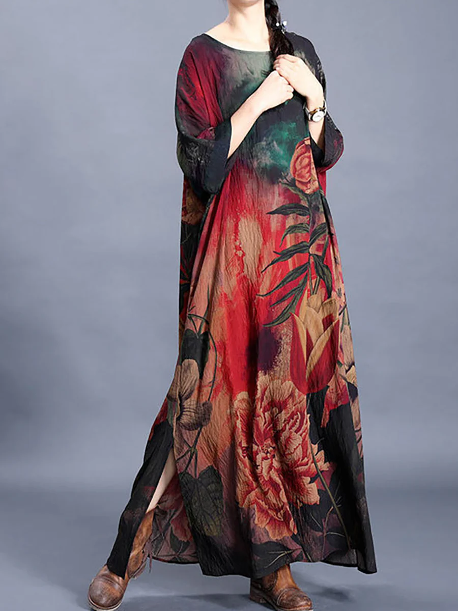 Plus Size Women Causal Retro Floral Maxi Dress - Image 5