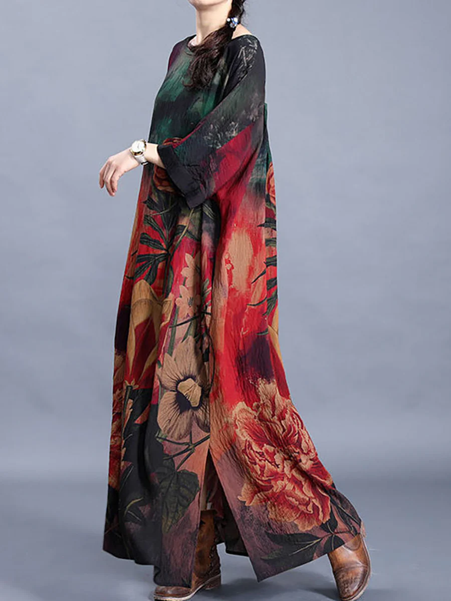 Plus Size Women Causal Retro Floral Maxi Dress - Image 6