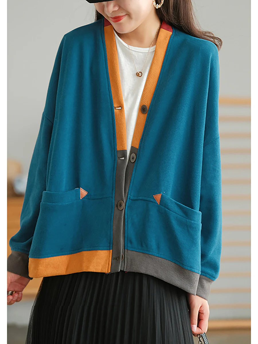 Plus Size Color Contrast Pocket Breasted Long Sleeve Coat - Image 10