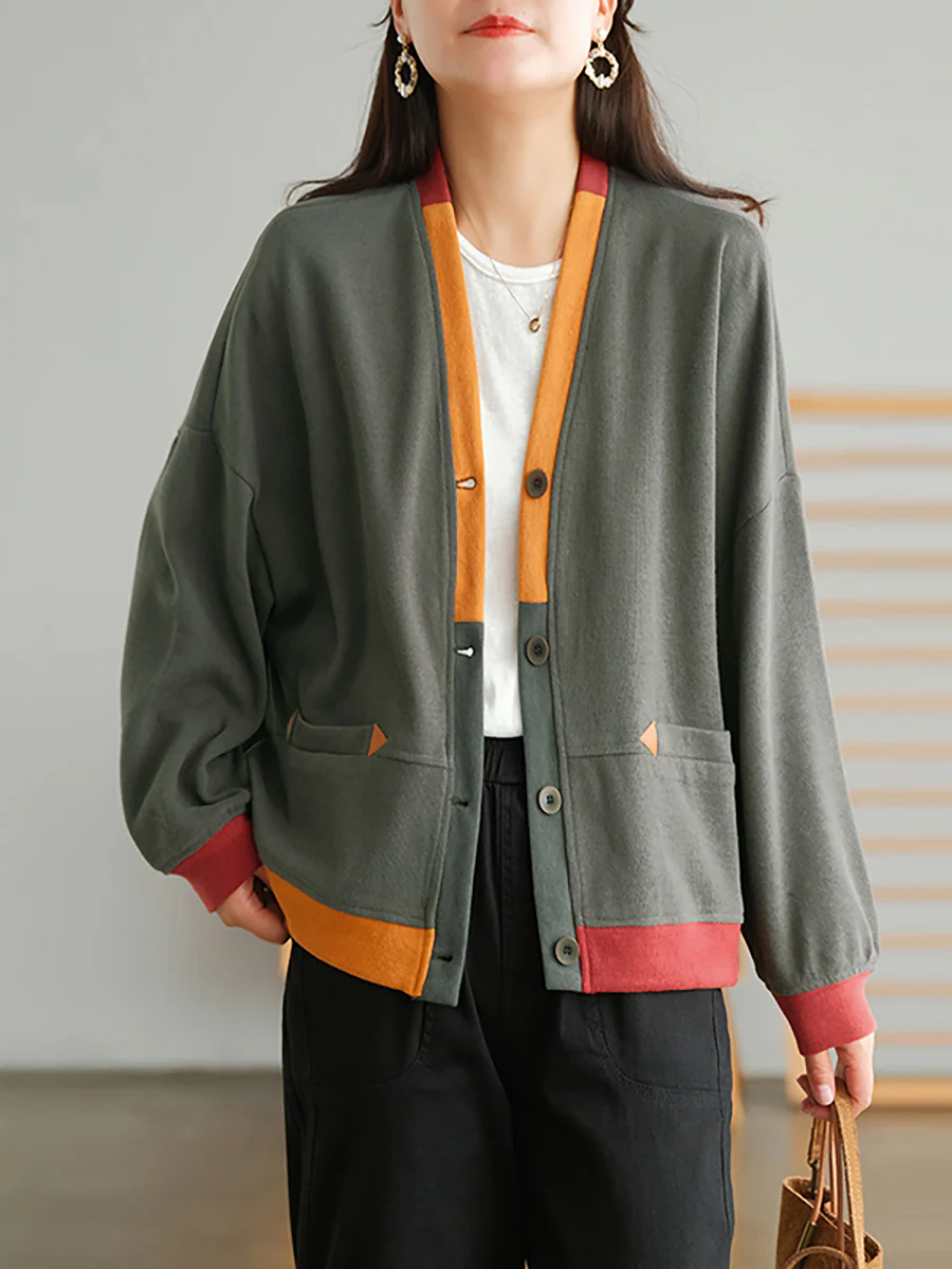 Plus Size Color Contrast Pocket Breasted Long Sleeve Coat - Image 12