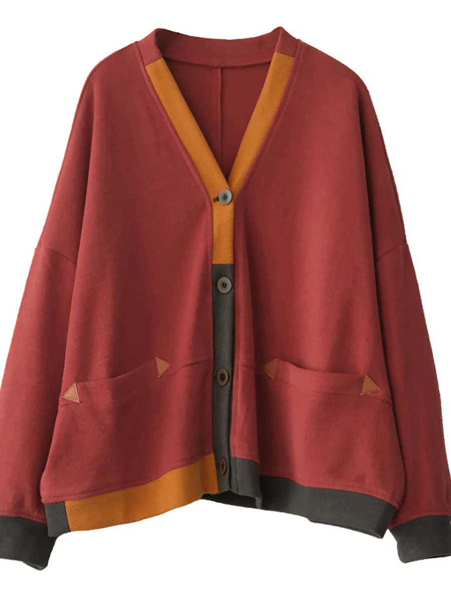 Plus Size Color Contrast Pocket Breasted Long Sleeve Coat - Image 13