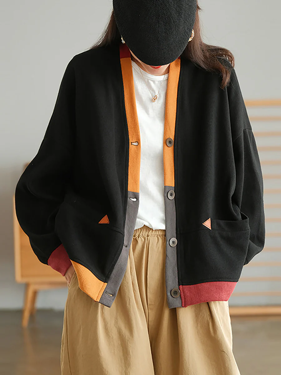 Plus Size Color Contrast Pocket Breasted Long Sleeve Coat - Image 3